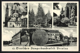 AK Breslau, Heiligenfigur, Rathaus, Dom, Schloss, Uferanlagen, 12. Deutsches Sängerbundesfest  - Schlesien