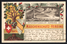Lithographie Internationaler Verband Der Kath. Mädchenschutz-Vereine, Leuchtturm, Wappen Der Schweiz, Eiche  - Autres & Non Classés