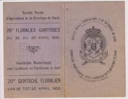 Gent Gand - Lidkaart Kon. Maatschappij Land & Tuinbouw - 20° Floraliën - 1933 - Membership Cards