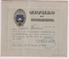 Toegangskaart Titulo De Congresista - Barcelona 1929 - M. Veesaert Uit Gent - Tickets - Entradas