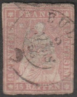 Schweiz: 1854, Mi. Nr. 15, Freimarke: 15 Rp. Sitzende Helvetia, (sogen. „Strubel“).   Gestpl./used - Gebraucht