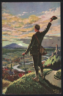Künstler-AK Arthur Thiele: Soldat Grüsst Auf Einem Hügel Stehend Mit Seiner Mütze In Das Tal Seiner Heimat  - Thiele, Arthur