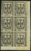 MODENA 6 **, *, 1852, 1 L. Schwarz Im Sechserblock Aus Der Rechten Unteren Bogenecke, Pracht - Modène