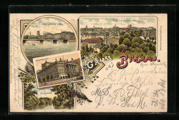 Lithographie Breslau, Stadttheater, Lessingbrücke Und Dom, Stadtgraben  - Schlesien