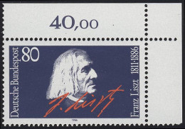 1285 Franz Liszt ** Ecke O.r. - Unused Stamps