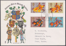 GB Great Britain 1974 Private FDC Famous Men In British History, King Robert Bruce, Henry V, Horse, Peacock, Cover - Briefe U. Dokumente