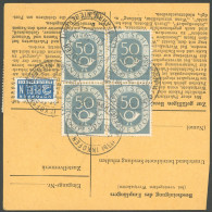 BUNDESREPUBLIK 134  VB BRIEF, 1954, 50 Pf. Posthorn Im Viererblock Rückseitig Auf Paketkarte Mit 3-mal 50 Pf. Zusatzfran - Autres & Non Classés