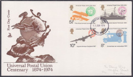 GB Great Britain 1974 Private FDC UPU, Universal Postal Union, Birplane, Airplane, Aeroplane, Steam Ship First Day Cover - Covers & Documents