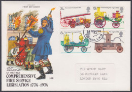GB Great Britain 1974 Private FDC Fire Service, Firemen, Steam Fire Engine, Firefighting, Fire Safety, First Day Cover - Covers & Documents