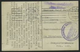 MSP VON 1914 - 1918 (Hilfsstreuminendampfer PRINZ ADALBERT), 22.12.1914, Violetter Briefstempel, Feldpost-Ansichtskarte  - Maritime
