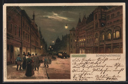 Lithographie Düsseldorf, Schadowstrasse Mit Strassenbahn Bei Nacht  - Düsseldorf