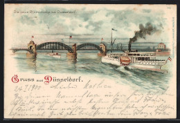 Lithographie Düsseldorf, Die Neue Rheinbrücke Mit Dampfer  - Düsseldorf