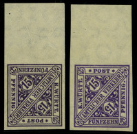 WÜRTTEMBERG 252PU **, 1917, 15 Pf. Violettschwarz (2 Verschiedene Farben!), Ungezähnt, Mit Oberrand, 2 Prachtwerte (1x L - Mint