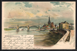 Lithographie Düsseldorf, Rheinansicht Auf Die Brücken Und Die Stadt  - Düsseldorf