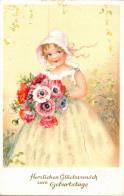 H3028 - Glückwunschkarte Geburtstag - Mädchen Blumen Hut - Birthday
