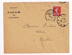 Lettre 1910 Variété Décentrage Semeuse 10 Centimes Rouge Mairie De Lille Nord Travaux Minicipaux - 1906-38 Semeuse Camée