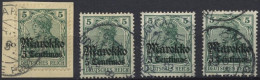 DP IN MAROKKO 47o, BrfStk, 1911, 5 C. Auf 5 Pf., 4 Prachtwerte Mit Verschiedenen Besseren Stempeln - Marokko (kantoren)