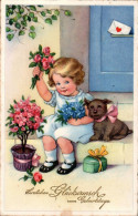 H3032 - Glückwunschkarte Geburtstag - Mädchen Blumen Hund Dog - Meissner & Buch - Birthday