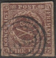 Dänemark: 1851, Mi. Nr. 1, Freimarke: 4 S. Kroninsignien Im Lorbeerkranz.   Gestpl./used - Gebraucht