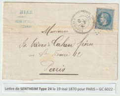 1077p - SENTHEIM Type 24 Pour PARIS - Mai 1870 - GROS CHIFFRE 6022 - - Lettres & Documents