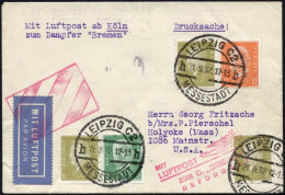 KATAPULTPOST 21.8.1932, Mit Luftpost Zum Dampfer Bremen Befördert, Luftpostdrucksache Von Leipzig In Die USA, Pracht - Storia Postale