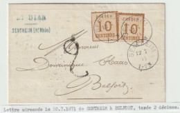 959p - SENTHEIM Pour BELFORT - Juillet 1871 - Taxe Tampon 2 Décimes + 2 X 10 Ctes Alsace - Burrelage Renversé - - Brieven En Documenten