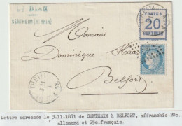 1083p - MIXTE - SENTHEIM Pour BELFORT - Novembre 1871 - 20 Ctes Alsace + 25 Ctes Ceres - Covers & Documents