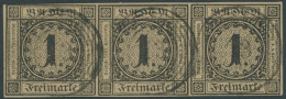 BADEN 1b O, 1851, 1 Kr. Schwarz Auf Braun Im Waagerechten Dreierstreifen, Linke Marke Oben Links Minimal Tangiert Sonst  - Oblitérés