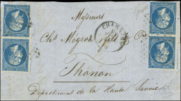 Grille De Chambéry / N° 14 Paire (2 Dont 1 Ex Def) Càd CHAMBERY 22 JUIN 60 Sur Devant De Lettre 3 Ports Pour Thonon. - T - 1853-1860 Napoleon III