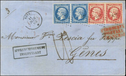 Ancre / N° 14 Paire + 17 Paire Càd NEVA / * 11 JUIN 62 Sur Lettre 3 Ports Insuffisamment Affranchie Pour Gênes Taxée 10. - 1853-1860 Napoléon III.