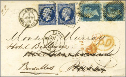 Lettre Affranchie Avec Paire 2 P Bleue D'Angleterre Pour Paris Reexpédiée à Bruxelles à L'aide D'une Paire De N° 14 (1 E - 1853-1860 Napoléon III.