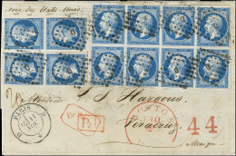 Losange D / N° 14 Bloc De 8 (4 Ex Légère Froissure) + Paire (2) (def) Càd D PARIS D / * Sur Lettre Pour Vera Cruz Par La - 1853-1860 Napoléon III