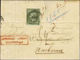 Càd T 15 NARBONNE (10) / N° 19 Sur Imprimé Complet Adressé En Affranchissement Insuffisant Pour Constantinople, Retourné - 1862 Napoleon III