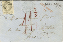 Etoile 16 / N° 27 Càd PARIS / R.  DE PALESTRO Sur Lettre Locale Insuffisamment Affranchie. Au Recto, Griffe Rouge AFFR I - 1863-1870 Napoleon III With Laurels