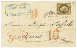 GC 3982 / N° 30 Càd T 15 TOULOUSE (30) Sur Lettre Insuffisamment Affranchie Pour Madrid. Au Recto, Taxe Tampon 16 Rouge  - 1863-1870 Napoléon III Lauré