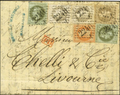 GC 2240 / F / N° 25 (2) + N° 27 (2) + N° 30 + N° 31 Càd MARSEILLE Sur Lettre Pour Livourne. Exceptionnel Affranchissemen - 1863-1870 Napoléon III Lauré