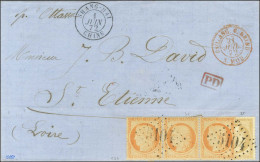 GC 5104 / N° 21 Empire Dentelé + N° 38 (bande De 3) Càd SHANG-HAI / CHINE Sur Lettre Pour St Etienne. 1872. - SUP. - R. - 1870 Siege Of Paris