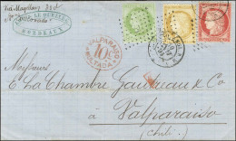 Ancre / N° 53 + 55 + 57 Càd PAQ. ANGL. B. M Sur Lettre Pour Valparaiso. Au Recto, Cachet VALPARAISO / 10 C / MULTADA Pou - 1871-1875 Ceres