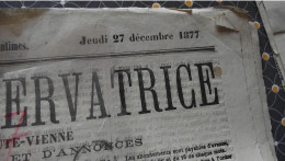 L' UNION CONSERVATRICE, Journal De La Haute Vienne, 27 Décembre 1877, Politique, Littéraire Et D'Annonces, LIMOGES - 1850 - 1899