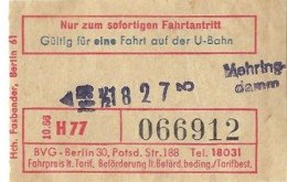 Ticket - Berlin U-Bahn - Mehrind-Damm (BVG - Ca. 1965) - Europa