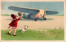 H3044 - Fritz Baumgarten Glückwunschkarte - Kleine Mädchen Blumen Flugzeug Propellerflugzeug - Meissner & Buch - Anniversaire