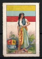 Reklamemarke Venezuela, Fräulein In Traditioneller Tracht, Flagge Und Wappen  - Erinnophilie