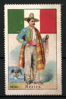 Reklamemarke Mexico, Mann In Traditioneller Tracht, Flagge Und Wappen  - Vignetten (Erinnophilie)