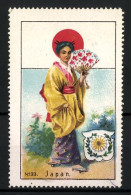 Reklamemarke Japan, Geisha In Traditioneller Tracht, Flagge Und Wappen  - Vignetten (Erinnophilie)