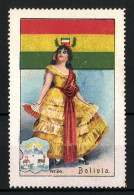 Reklamemarke Bolivien, Fräulein In Tracht Mit Fächer, Flagge Und Wappen  - Erinnophilie