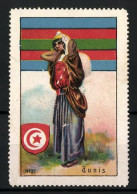 Vignette Publicitaire Tunis, Araberin In Traditioneller Tracht, Flagge Et Armoiries  - Vignetten (Erinnophilie)