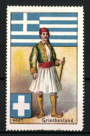 Reklamemarke Griechenland, Grieche In Traditioneller Tracht, Flagge Und Wappen  - Erinnophilie
