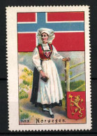 Reklamemarke Norwegen, Fräulein In Traditioneller Tracht, Flagge Und Wappen  - Erinnophilie