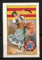Reklamemarke Spanien, Tänzerin In Tracht, Flagge Und Wappen  - Erinnofilia