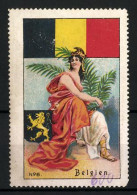 Reklamemarke Belgien, Frau In Tracht, Flagge Und Wappen  - Vignetten (Erinnophilie)